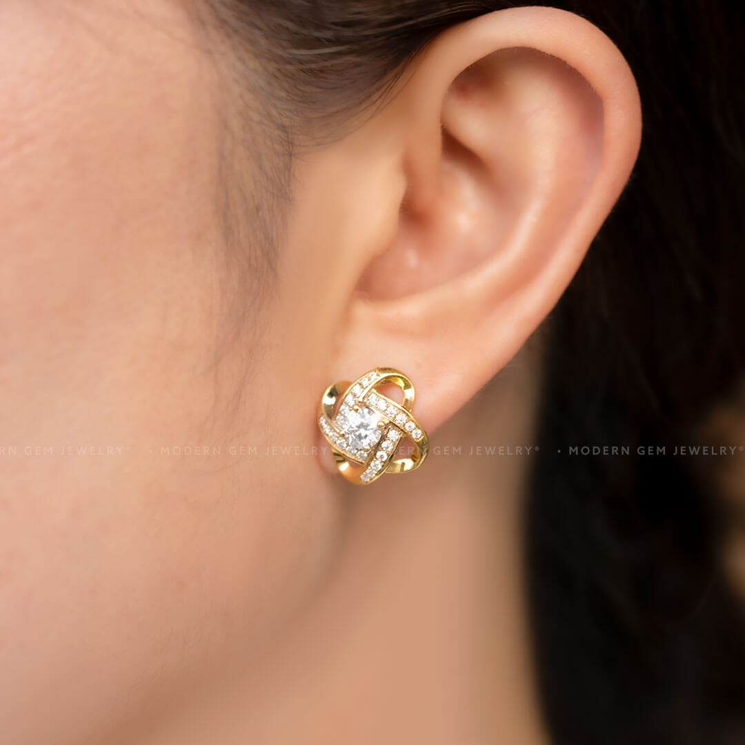 Infinity Earrings with Floral Design  Diamonds in 18K Yellow Gold | Modern Gem Jewelry