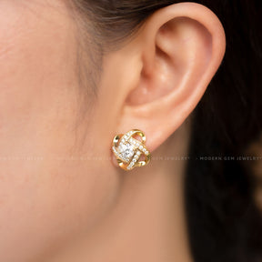 Infinity Earrings with Floral Design  Diamonds in 18K Yellow Gold | Modern Gem Jewelry
