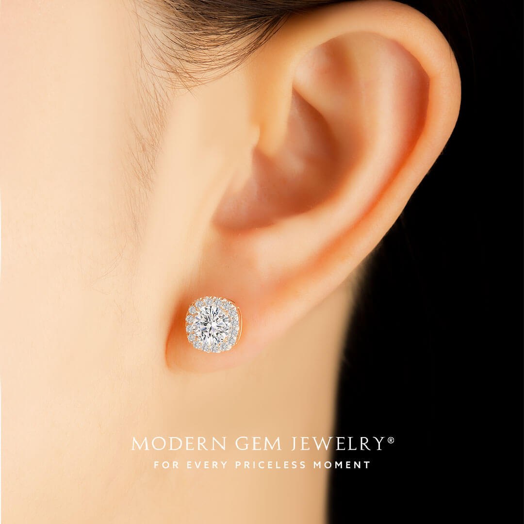 Round Diamond Halo Earrings in Rose Gold | Modern Gem Jewelry