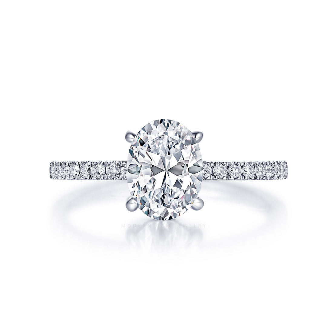 Oval Moissanite Ring with Hidden Halo Pave Diamonds in 18K White Gold | Custom Engagement Rings | Modern Gem Rings