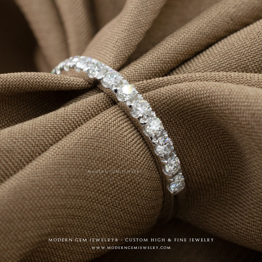 Infinity Diamond Wedding Band White Gold on Brown Silk Sheet | Modern Gem Jewelry | Saratti 