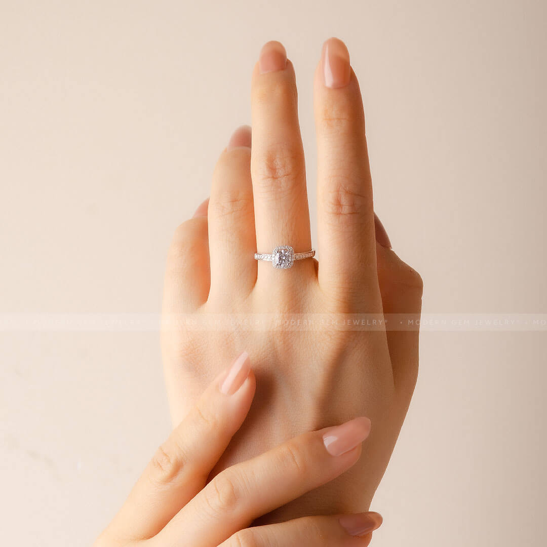 0.5 carat Diamond Halo Ring in 18K White Gold | Custom Engagement Rings | Modern Gem Jewelry