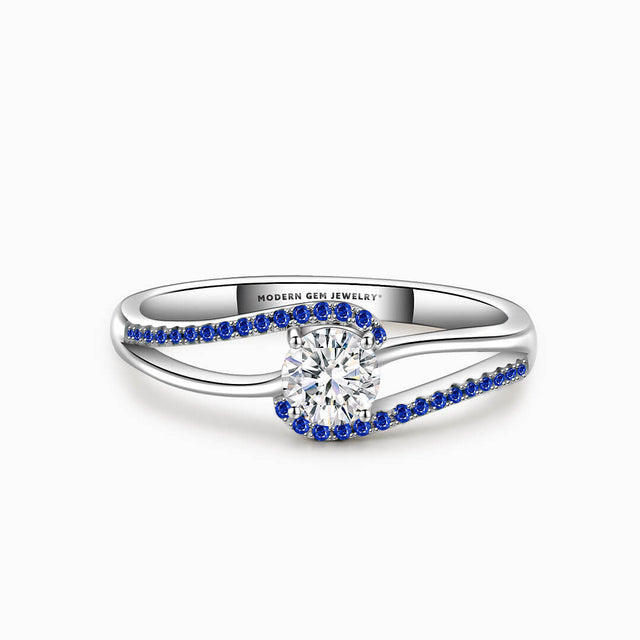 Split Shank Engagement Ring in White Gold with Blue Natural Sapphires in 18K White Gold | Modern Gem Jewelry