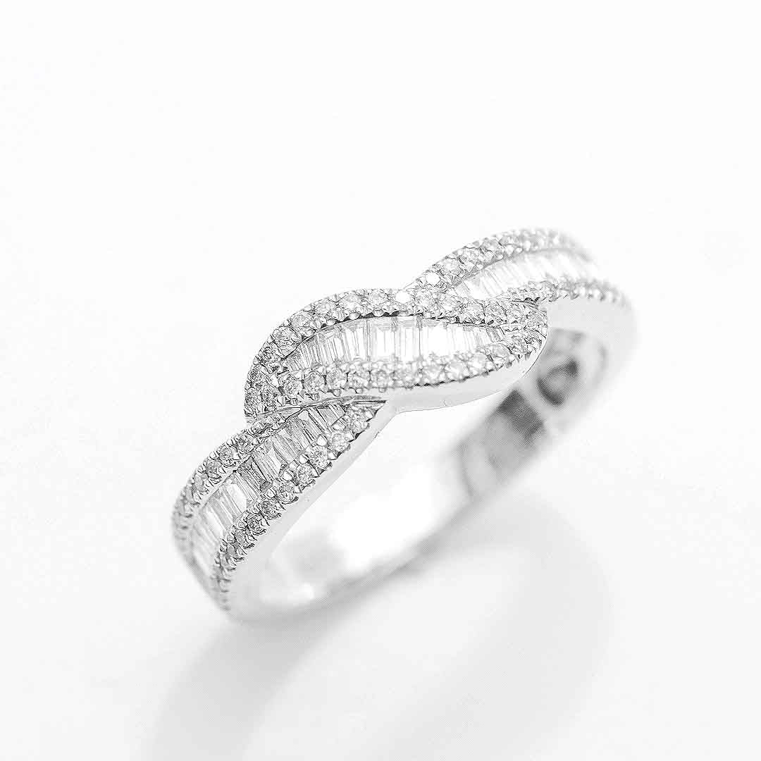 Twisted Shank Baguette Eternity Band with Diamonds in White Gold | Custom Made Wedding Rings | Modern Gem Jewelry | Saratti 