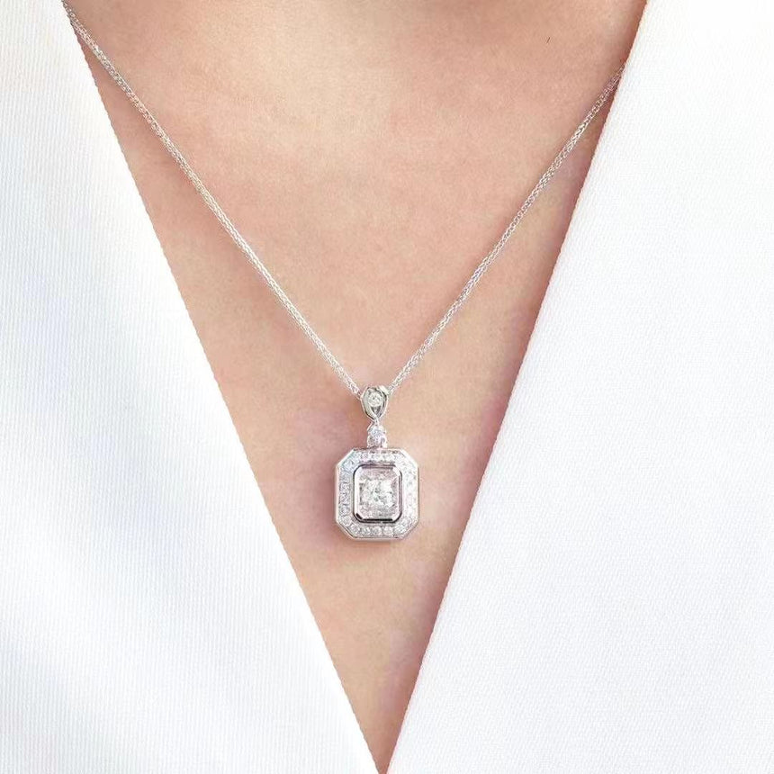 Diamond Necklace with Squarish Halo in White Gold | Saratti