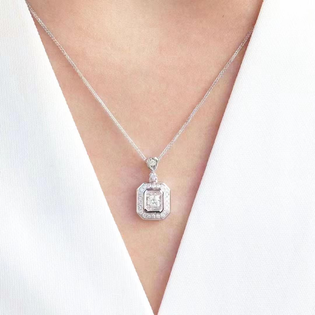Diamond Necklace with Squarish Halo in White Gold | Saratti