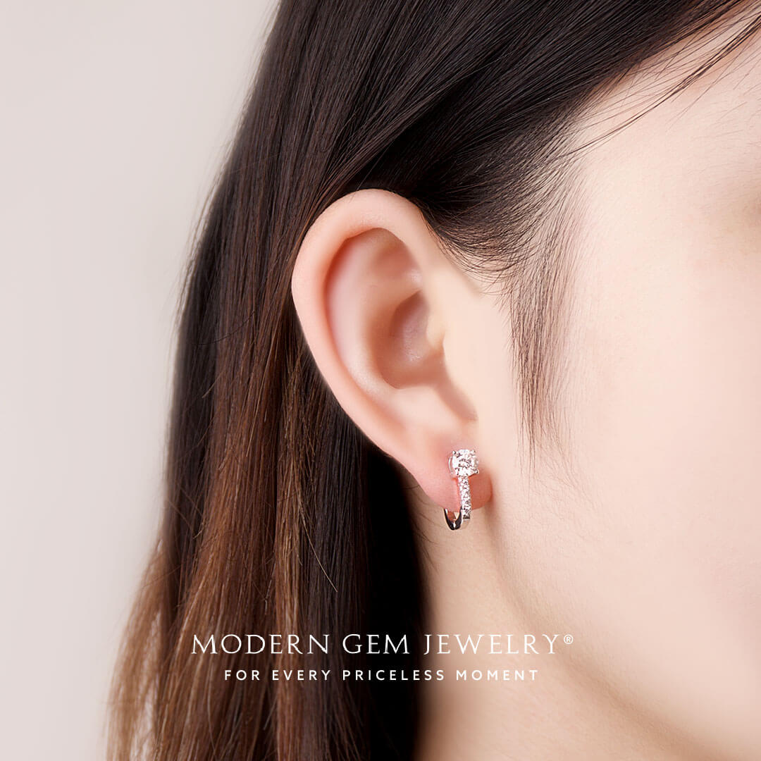 Affordable Diamond Earrings with Round Diamonds in Hinge Design in 18K White Gold on ear | Modern Gem Jewelry