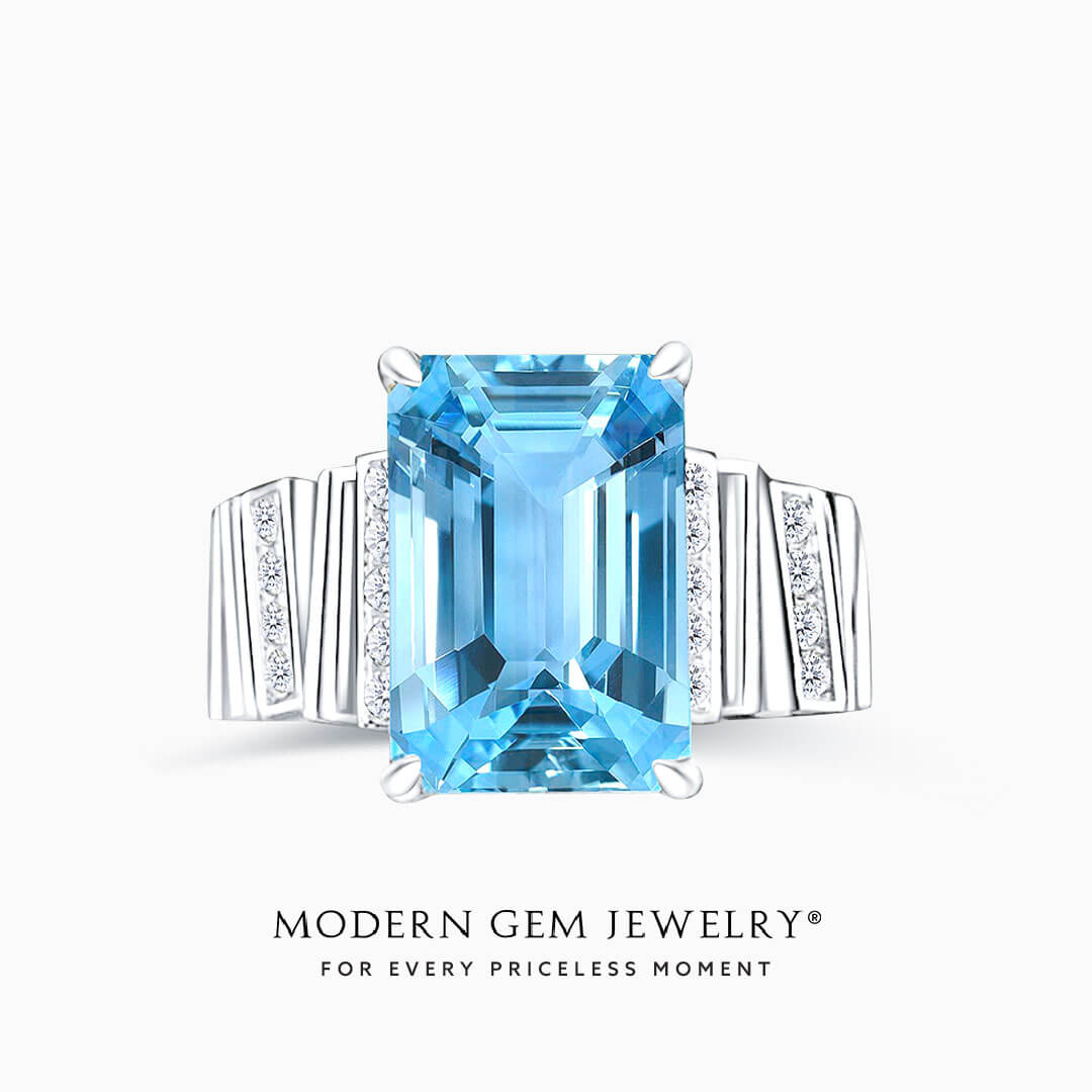 Aquamarine Cocktail Ring in 18K White Gold | Modern Gem Jewelry | Saratti