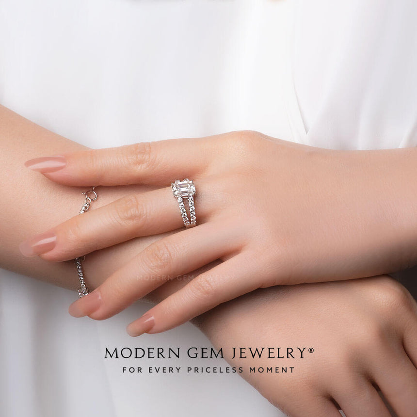 Moissanite Pave on Emerald Cut Moissanite Ring