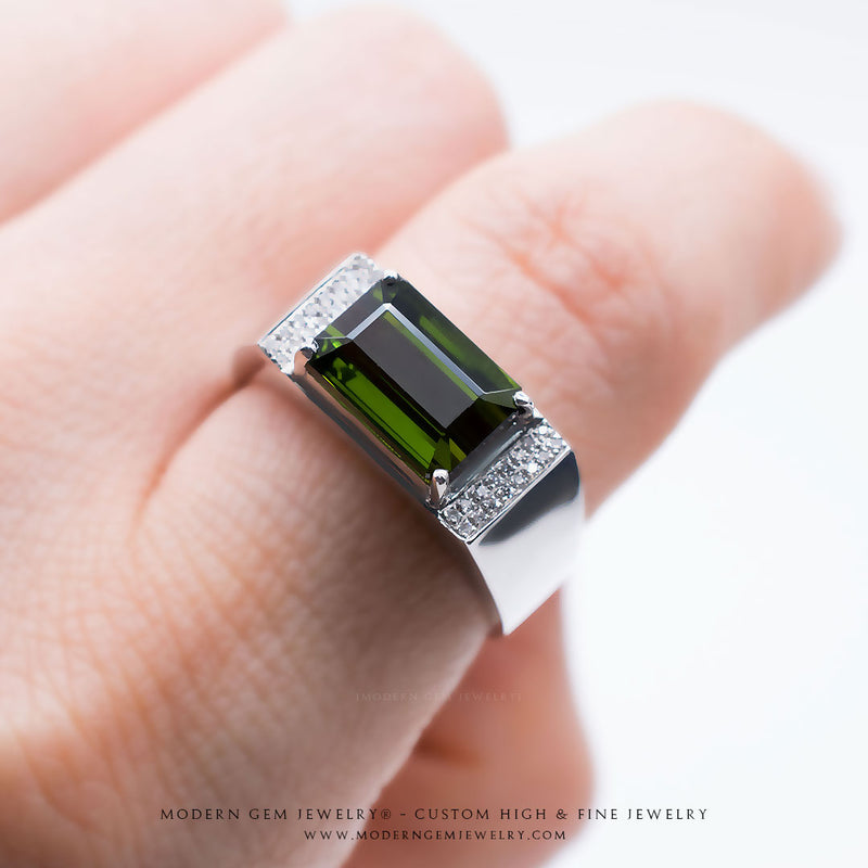 Emerald Cut White Gold Vivid Green Tourmaline Ring | Saratti