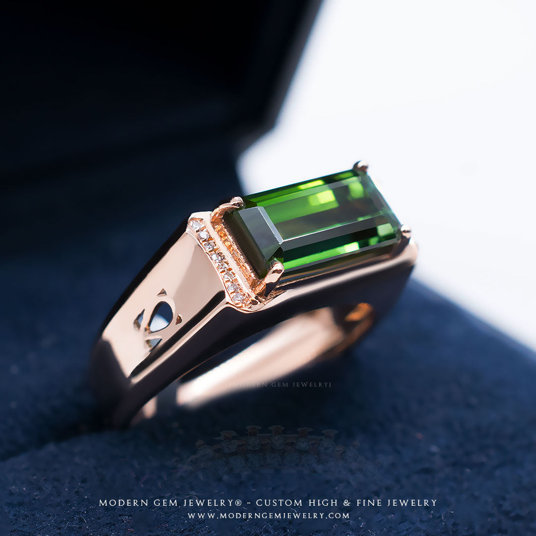 Green Tourmaline Engagement Ring & Diamonds In Rose Gold | Custom Rings | Modern Gem Jewelry | Saratti 