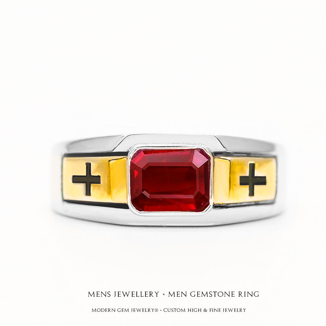 Red Men's Ring in Yellow & White Gold| Custom Engagement Ring | Modern Gem Jewelry | Saratti 