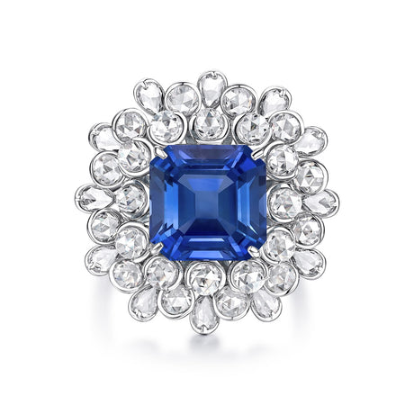 Natural 6 carat Royal Blue Sapphire with Diamond Halo Ring 