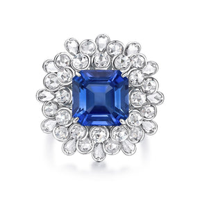 Sapphire Ring With Pear Cut and Round Bezel Set Diamond accents| 6 carats Royal Blue Sapphire | Modern Gem Jewelry | Saratti 