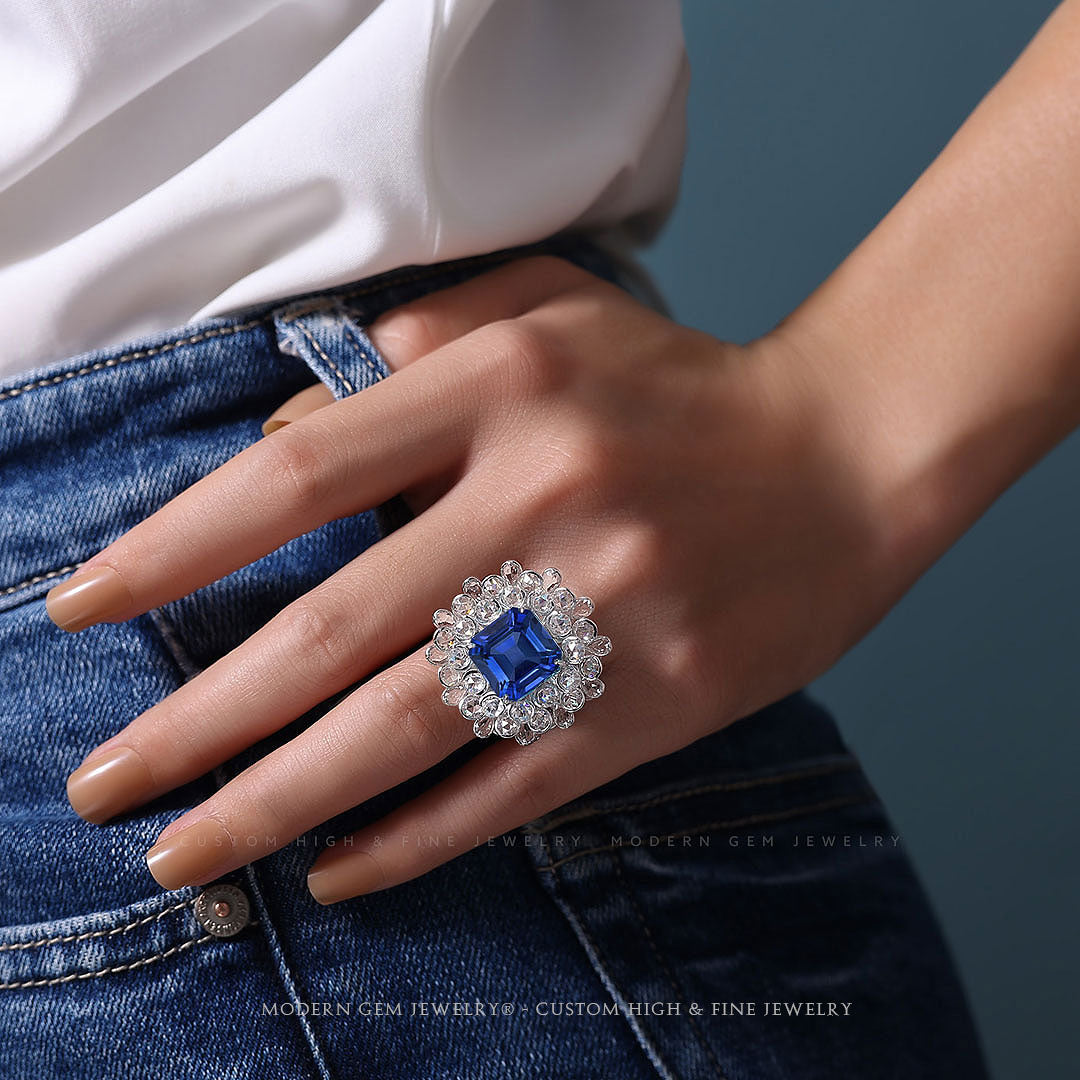 Diamond Sapphire Ring | 6 carats Royal Blue Sapphire on Woman's Finger | Modern Gem Jewelry | Saratti 