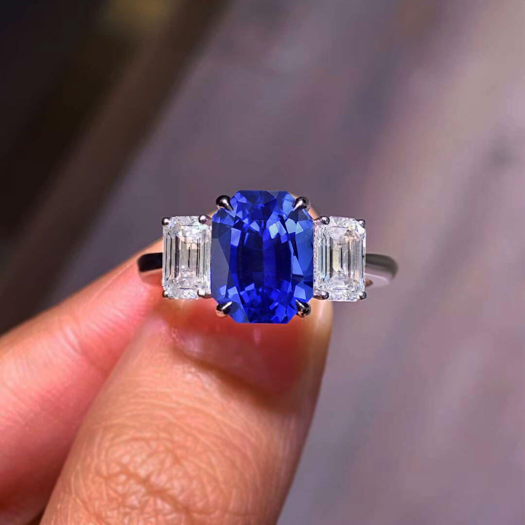 Three Stone Emerald Cut Sapphire Diamond in hand | Ring Modern Gem Jewelry | Saratti 