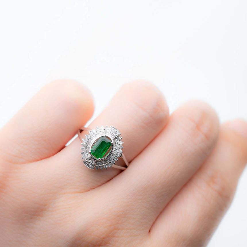 18K Double Diamond Halo Natural Emerald Ring 