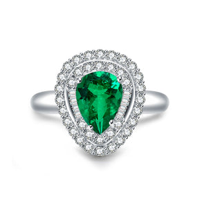 Teardrop Emerald Ring with Diamonds Double Halo in 18K White Gold | Modern Gem Jewelry | Saratti 