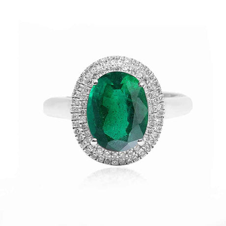 Emerald Birthstone Ring with Double Halo Diamonds in 18K White Gold | Custom Made Emerald Engagement Ring | Modern Gem Jewelry | Saratti 