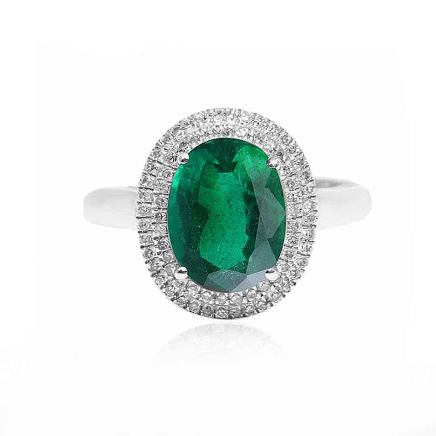 Emerald Birthstone Ring with Double Halo Diamonds in 18K White Gold | Custom Made Emerald Engagement Ring | Modern Gem Jewelry | Saratti 