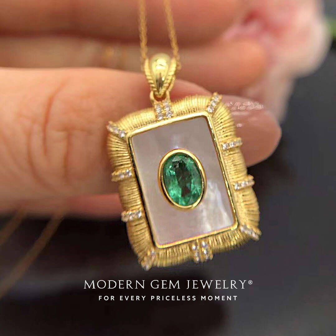 Genuine Emerald and Diamonds Birthstone Necklace in 18K Yellow Gold | Modern Gem Jewelry