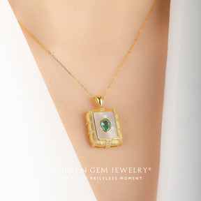 Antique Inspired Emerald and Diamonds Birthstone Necklace on neck | Modern Gem Jewelry