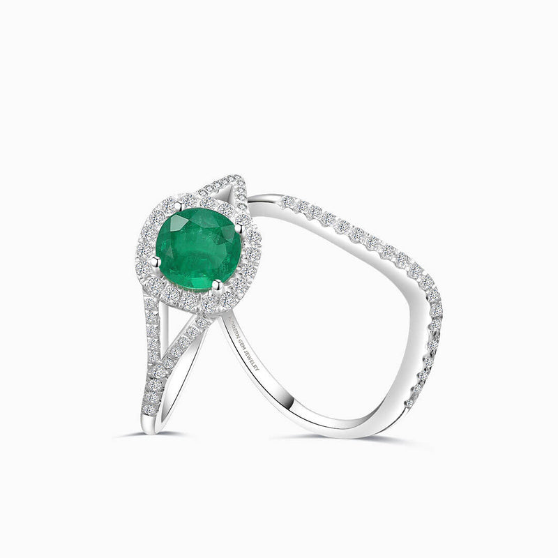 Diamond Pave Minimalist Band with Round Emerald Diamond Pave Ring | Saratti