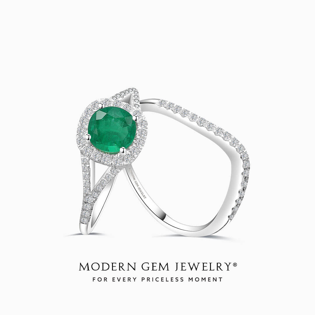 Green Emerald and Diamonds Split Shank Diamond Ring | Modern Gem Jewelry 