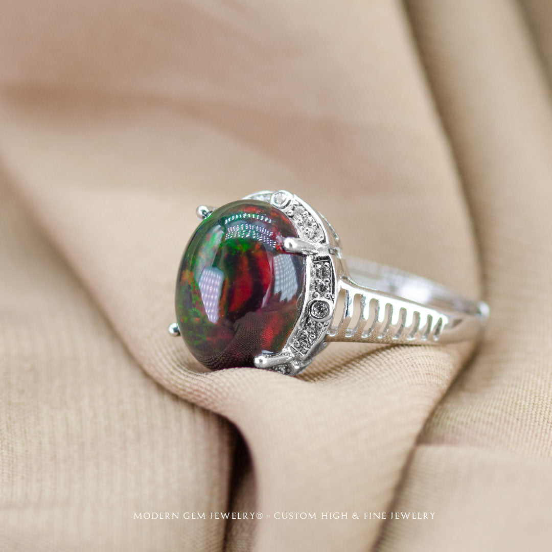 Opal Promise Ring with Diamonds in White Gold | Custom Opal Engagement Ring | Modern Gem Jewelry  | Saratti