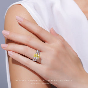 Yellow Sapphire Ring | Radiant Cut Unheated Yellow Sapphire in Split Shank Design in 18K White Gold  | Saratti