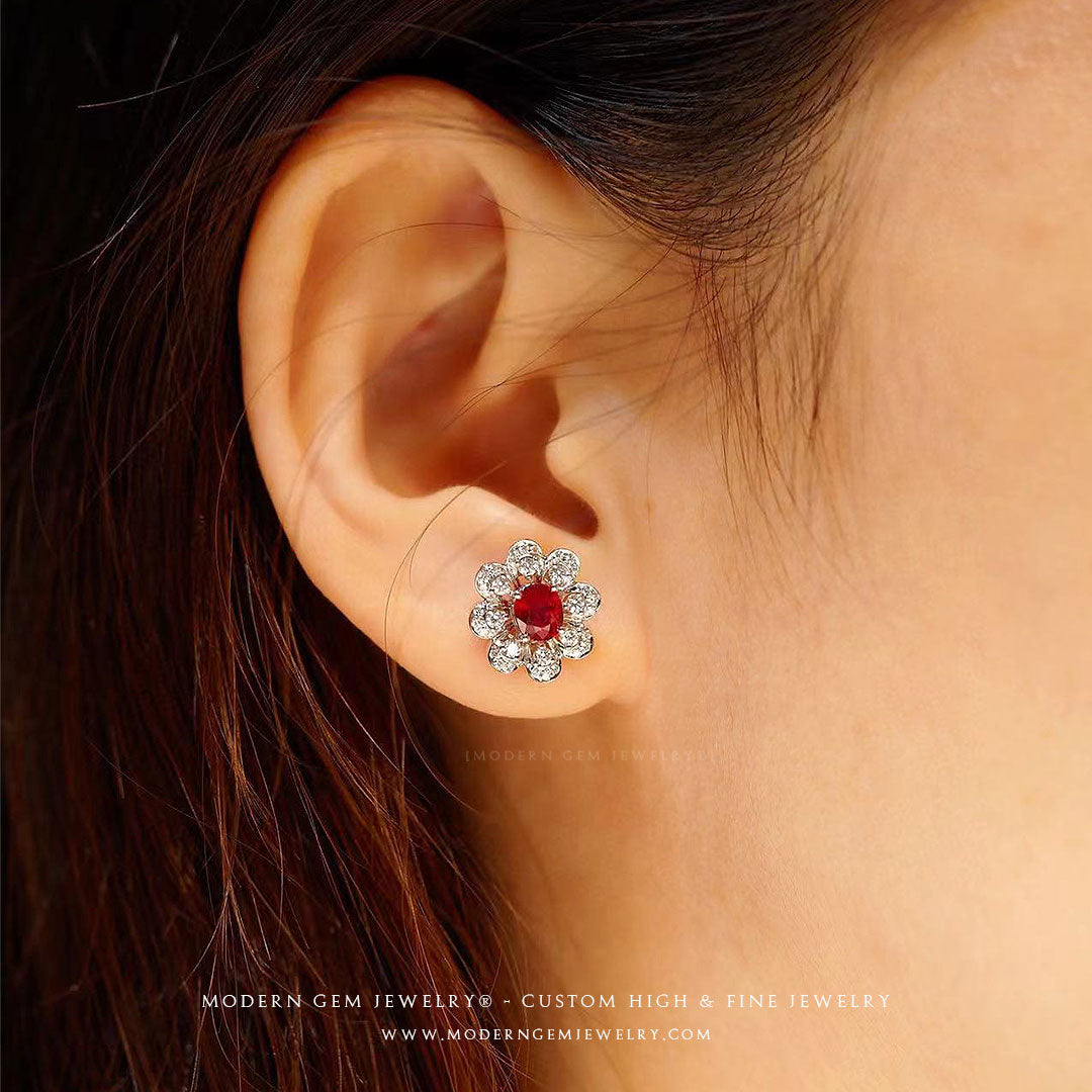 Elegant Natural Ruby Floral Earrings with Diamond Accents | Saratti