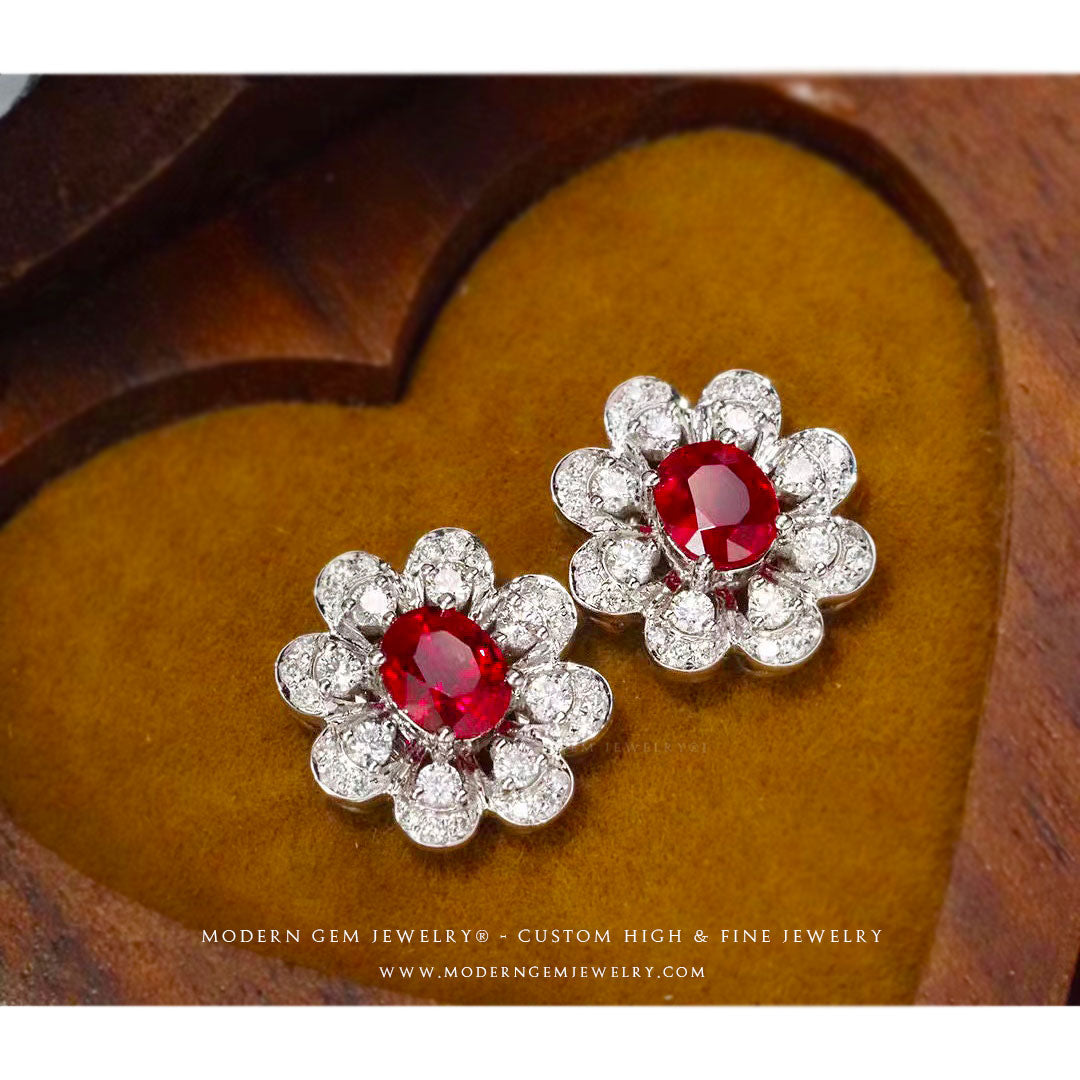 Floral Design Ruby Earrings Adorned with Diamonds | Saratti