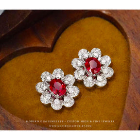 Floral Design Ruby Earrings Adorned with Diamonds | Saratti