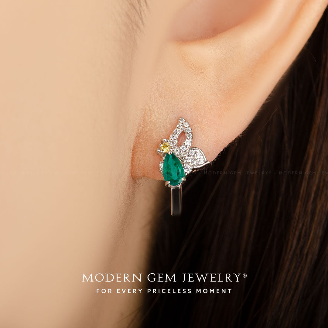 Retro Style Emerald and Diamond Stud Earrings | Modern Gem Jewelry