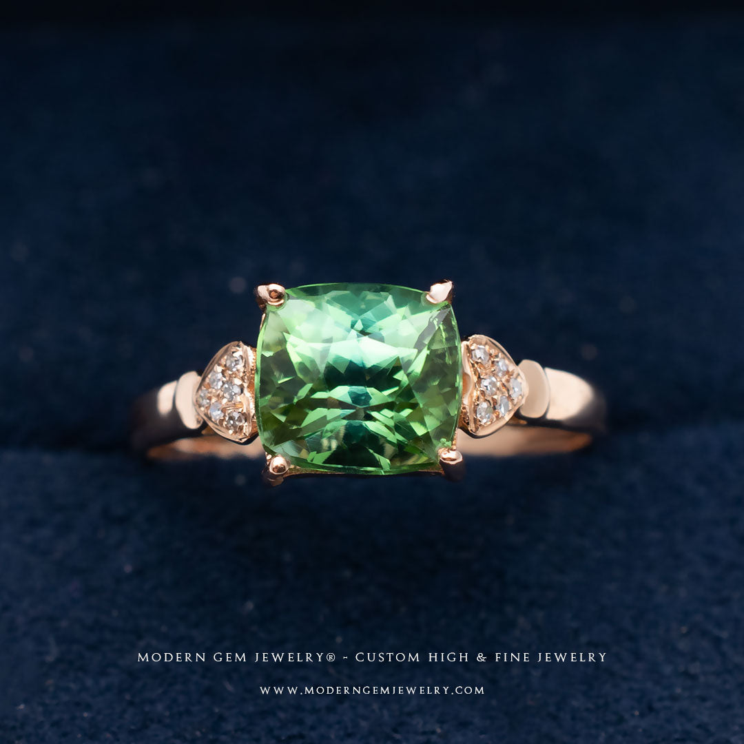 Tourmaline Ring & Diamonds Three Stone Set In Rose Gold | Custom Rings | Modern Gem Jewelry | Saratti 