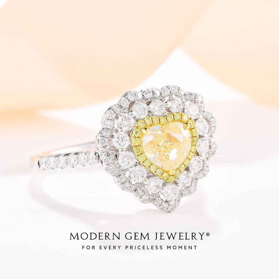 Vintage Yellow Diamond Engagement Rings featuring Heart Shape Fancy Yellow Natural Diamond Double Halo Ring and Pendant | Modern Gem Jewelry