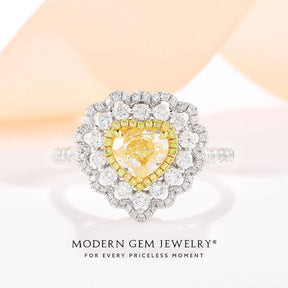 Vintage Yellow Diamond Engagement Rings featuring Heart Shape Fancy Yellow Natural Diamond Double Halo Ring and Pendant | Modern Gem Jewelry