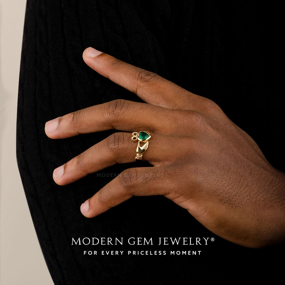 Claddagh Rings For Men with Heart Shape Natural Emerald in Yellow Gold | Modern Gem Jewelry | Saratti