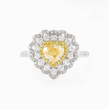 Vintage Yellow Diamond Engagement Rings featuring Heart Shape Fancy Yellow Natural Diamond Double Halo Ring and Pendant | Modern Gem Jewelry