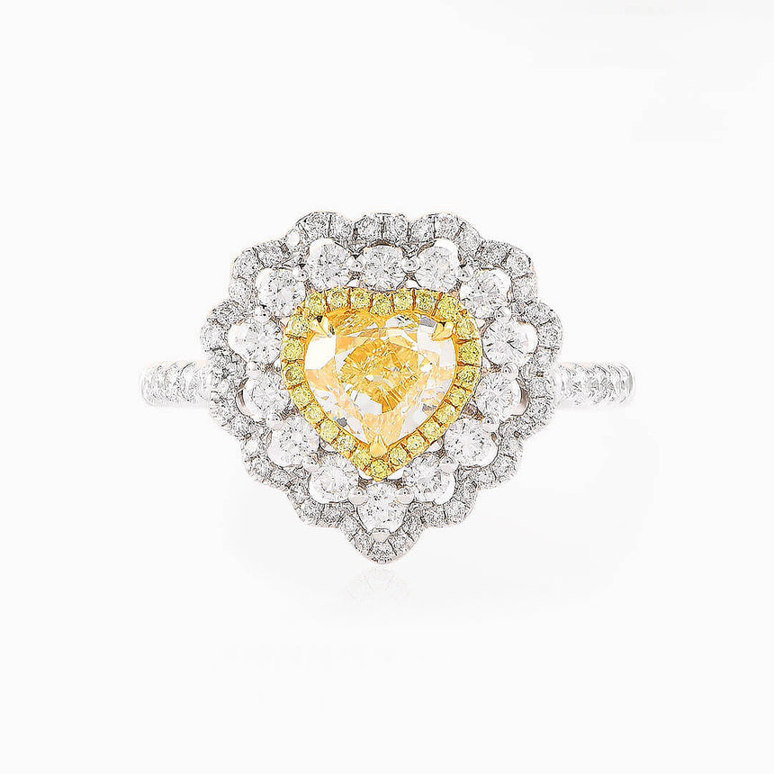 Vintage Yellow Diamond Engagement Rings featuring Heart Shape Fancy Yellow Natural Diamond Double Halo Ring and Pendant | Modern Gem Jewelry