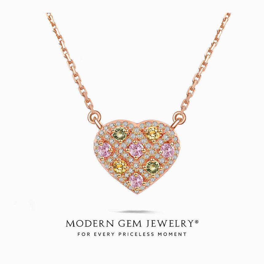 Heart Shape Pink Necklace with Tourmalines and Natural Diamonds in 18K Rose Gold with Chain | Modern Gem Jewelry