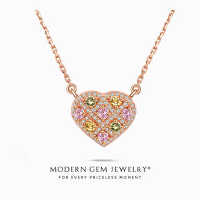 Heart Shape Pink Necklace with Tourmalines and Natural Diamonds in 18K Rose Gold with Chain | Modern Gem Jewelry
