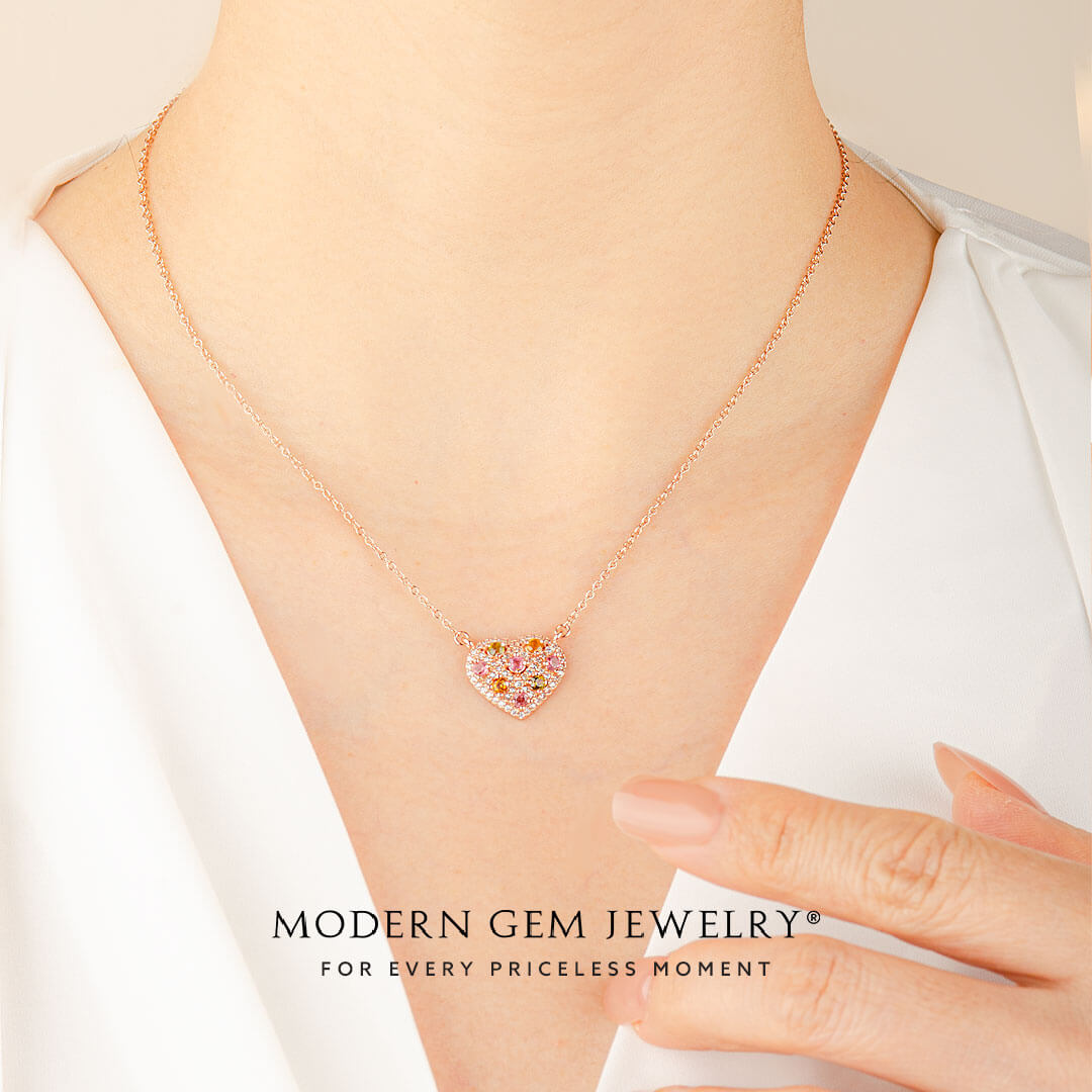 Unique Pink  Necklace with Tourmalines set in 18K Rose Gold on Model | Modern Gem Jewelry