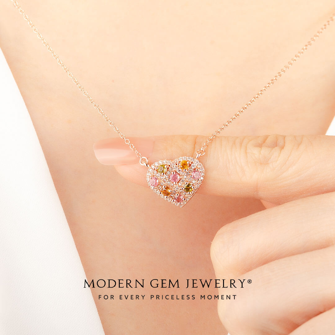 Fancy Pink Tourmaline Necklace with Natural Diamonds on Neck | Modern Gem Jewelry