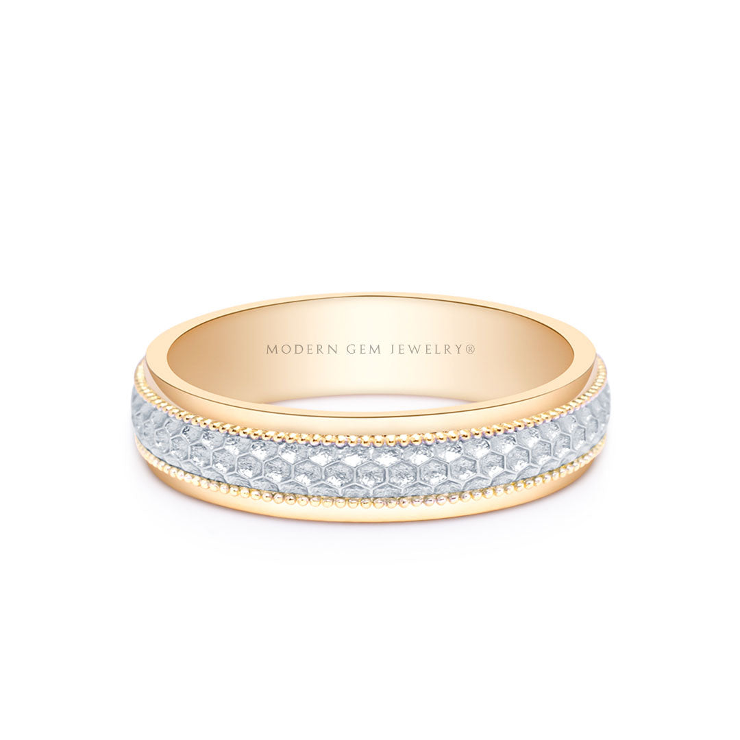 Two Tone Mens Wedding Band Honey Comb Inspired| Custom Men Ring | Modern Gem Jewelry | Saratti 