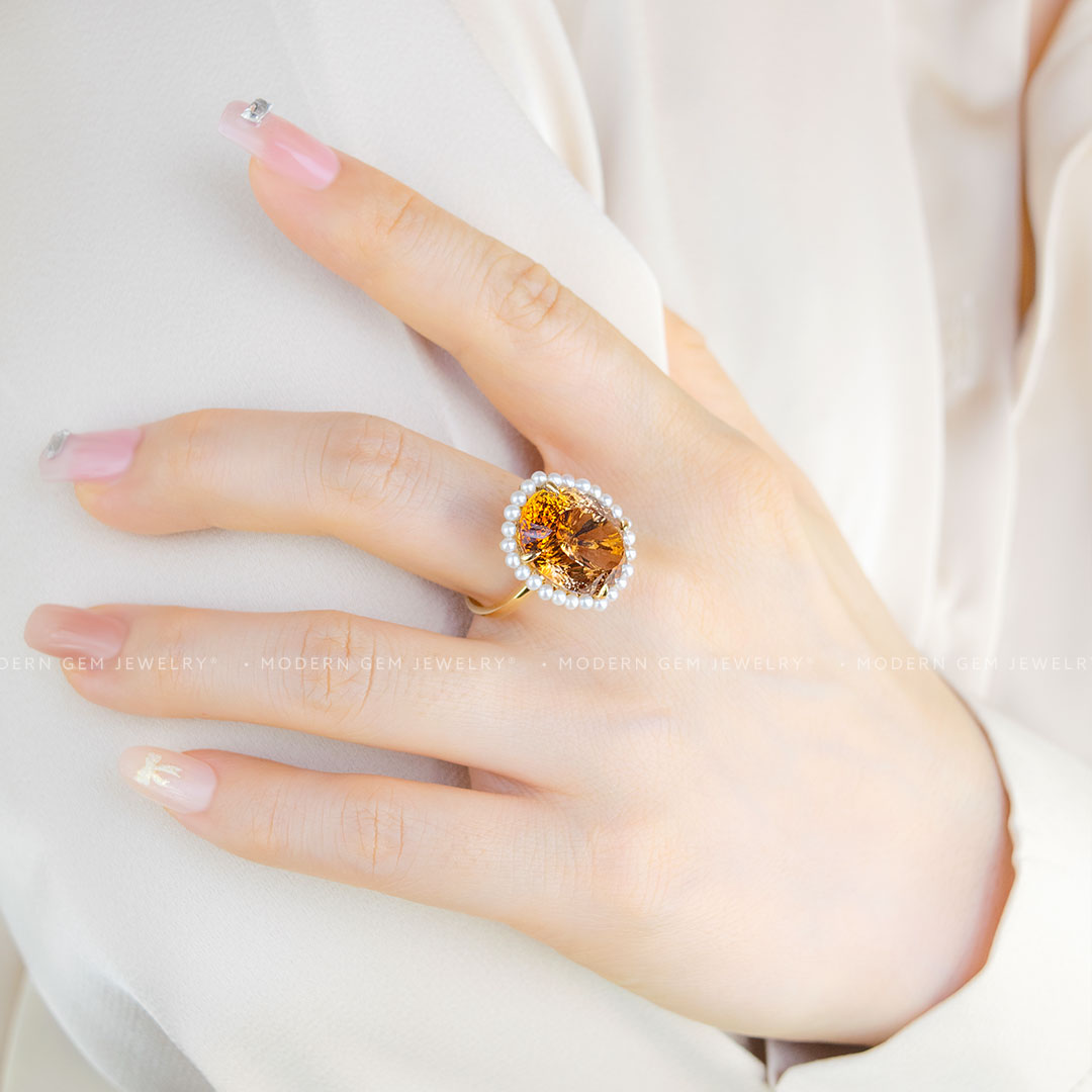 Imperal Topaz and Pearls 18k Yellow Gold Ring on Model | Saratti