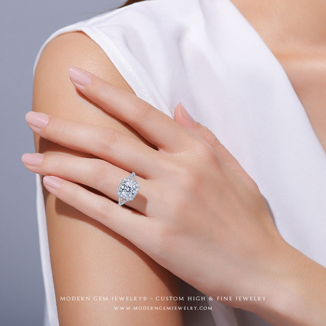 Stunning CORA Round Moissanite Halo White Gold Ring | Modern Gem Jewelry | Saratti