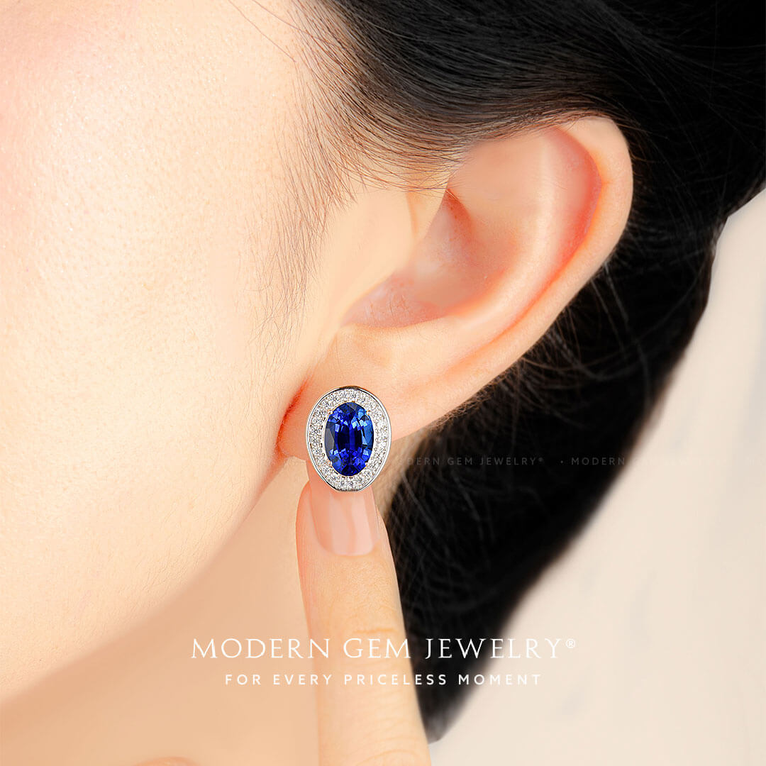 Blue Sapphire and Diamond Lady Diana Inspired Earrings | Modern Gem Jewelry