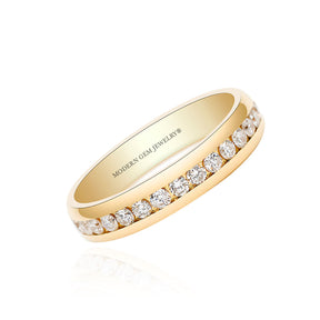  Channel Set Wedding Band in Yellow Gold against a White Background | Modern Gem Jewelry | Saratti 