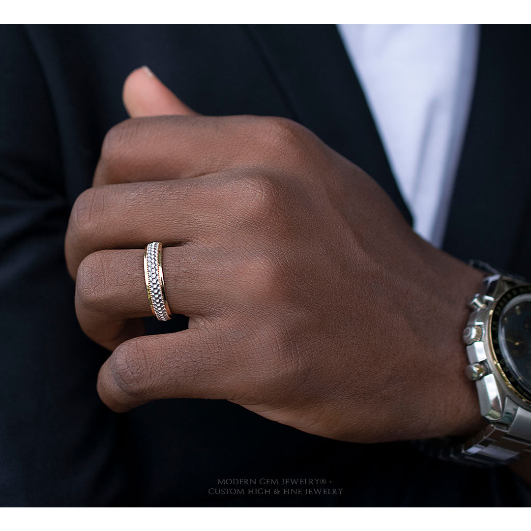 Two Tone Mens Wedding Band Honey Comb Inspired| Custom Men Ring | Modern Gem Jewelry| Saratti 